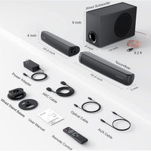 Load image into Gallery viewer, Cowin Sound Bar with Subwoofer, 110W Sound Bar for Smart TV with Adjustable Deep Bass & Volume Boost & 3 EQ Modes, Bluetooth/ARC/Opt/AUX, Detachable Soundbar for TV/PC/Gaming/Projector