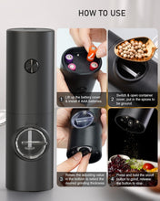 Load image into Gallery viewer, 2 Pack Electric Salt and Pepper Grinder Set, Battery powered - Automatic Salt Pepper Mill Grinder, Adjustable Coarseness, with LED Light, One-Hand Operation for Kitchen BBQ, Black