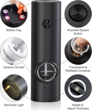 Load image into Gallery viewer, 2 Pack Electric Salt and Pepper Grinder Set, Battery powered - Automatic Salt Pepper Mill Grinder, Adjustable Coarseness, with LED Light, One-Hand Operation for Kitchen BBQ, Black