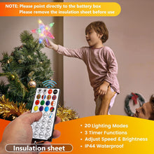 Load image into Gallery viewer, Christmas Tree Topper Lights,7.6"Star Tree Topper with 20 modes,Color Changing Treetop,Outdoor Indoor Fairy Light With Remote Control,RGB Tree Topper for Holiday or Home Decor