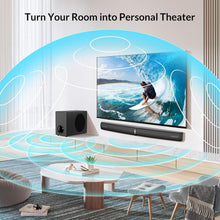 Load image into Gallery viewer, Cowin Sound Bar with Subwoofer, 110W Sound Bar for Smart TV with Adjustable Deep Bass & Volume Boost & 3 EQ Modes, Bluetooth/ARC/Opt/AUX, Detachable Soundbar for TV/PC/Gaming/Projector