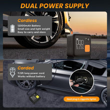 Load image into Gallery viewer, Portable Air Compressor Tire Inflator 12000mAh and Max 150PSI Air Pump for Truck Tires Dual Barrel Corded and Cordless