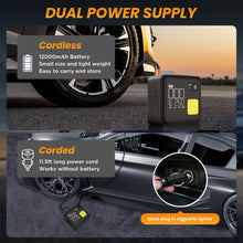 Load image into Gallery viewer, Portable Air Compressor Tire Inflator 12000mAh and Max 150PSI Air Pump for Truck Tires Dual Barrel Corded and Cordless