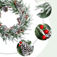 Load image into Gallery viewer, 28in Artificial Christmas Wreath, Frosty Christmas wreath with Crestwood Spruce, Decorated with Pine Cones, Berry Clusters, Frosted Branches, Christmas Collection Green