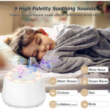 Load image into Gallery viewer, White Noise Sound Machine, Portable Sleep Therapy for Adults, Baby, Home, Office & Travel with 9 Relaxing Natural Sounds, Auto-Off Timer, Night Light, Rechargeable Battery & Volume Control
