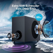 Load image into Gallery viewer, Sound Bar for Smart TV, 120W Sound Bar with Subwoofer, 5.0 Bluetooth Soundbar for TV with Deep Bass & Volume Boost & 3 Equalizer Modes, ARC/Opt/AUX, 2 in 1 Detachable TV Sound Bar, Black