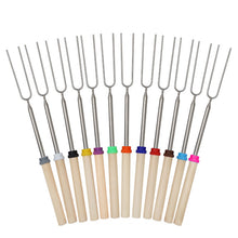 Load image into Gallery viewer, 12 Pcs Roasting Sticks Wooden Handle, Extendable Stainless Steel Marshmallow Roasting Sticks Telescoping Forks, Campfire Sticks, 32in Smores Sticks, Telescoping Skewers for Campfire, BBQ