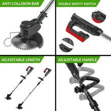 Load image into Gallery viewer, Cordless Electric Lawn Trimmer Weed Wacker - 21V Grass Trimmer Lawn Edger with 2.0Ah Li-Ion Battery Powered and 3 Types Cutting Blade, Tool for Lawn Care and Garden Yard Work