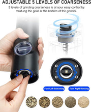 Load image into Gallery viewer, 2 Pack Electric Salt and Pepper Grinder Set, Battery powered - Automatic Salt Pepper Mill Grinder, Adjustable Coarseness, with LED Light, One-Hand Operation for Kitchen BBQ, Black
