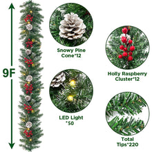 Load image into Gallery viewer, Swfoer 9ft Pre-Lit Christmas Garland with 50 Waterproof LED Light and Pine Cones and Berries, 220 Branches Battery Operated Christmas Garland Decoration for Xmas Holiday Party
