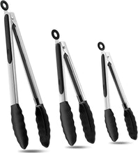 Load image into Gallery viewer, Kitchen Tongs Stainless Steel Cooking Tongs with Silicone Tips Heat Resistant Food Tongs for Cooking Grilling Turning set of 7" 9" and 12" Black
