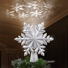 Load image into Gallery viewer, Christmas Tree Topper, 9.6” Snowflake Tree Toppers Lighted Indoor with Rotating 3D Silver Snowflake LED Projector Hollow Glitter Lighted for Tree Christmas Decorations Holiday Ornaments