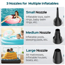 Load image into Gallery viewer, Swtroom Air Pump with 3 Nozzles Electric Air Pump Portable Quick-Fill Inflator Pumps for Air Mattress Beds, Airbed, Inflatable Pool Float, Black