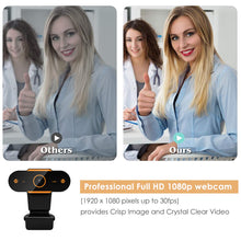 Load image into Gallery viewer, Webcam with Microphone, 1080P HD USB Webcam for Computer Laptop with 110° Wide Angle, Noise Reduction Portable Live Streaming Camera, Plug and Play, Black