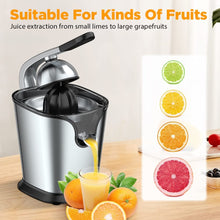 Load image into Gallery viewer, Electric Citrus Juicer Squeezer Stainless Steel 150 Watts of Power for Orange Lemon Lime Grapefruit Juice with Soft Rubber Grip, Filter and Anti-drip Spout Lock - Black, Black/Stainless Steel