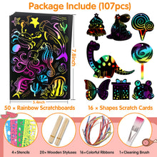 Load image into Gallery viewer, Riarmo Scratch Art Paper Set for Kids, 107 Pcs Rainbow Magic Scratch Off Paper Art Craft for Boys & Girls, Fun Imagination Trigger Game for Children’s Summer Vacation, Birthday, and Party Gift