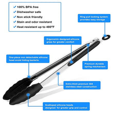 Load image into Gallery viewer, Kitchen Tongs Stainless Steel Cooking Tongs with Silicone Tips Heat Resistant Food Tongs for Cooking Grilling Turning set of 7" 9" and 12" Black