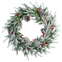 Load image into Gallery viewer, 28in Artificial Christmas Wreath, Frosty Christmas wreath with Crestwood Spruce, Decorated with Pine Cones, Berry Clusters, Frosted Branches, Christmas Collection Green
