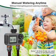 Load image into Gallery viewer, Cowin Sprinkler Timer 2 Outlet, Outdoor Garden Hose Faucet Timers with Rain Delay/Manual/Automatic Watering System, Digital Irrigation Timer for Yard, Gray
