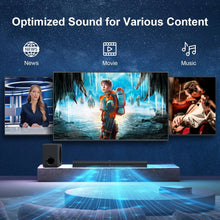 Load image into Gallery viewer, Sound Bar for Smart TV, 120W Sound Bar with Subwoofer, 5.0 Bluetooth Soundbar for TV with Deep Bass &amp; Volume Boost &amp; 3 Equalizer Modes, ARC/Opt/AUX, 2 in 1 Detachable TV Sound Bar, Black
