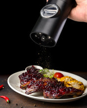 Load image into Gallery viewer, 2 Pack Electric Salt and Pepper Grinder Set, Battery powered - Automatic Salt Pepper Mill Grinder, Adjustable Coarseness, with LED Light, One-Hand Operation for Kitchen BBQ, Black
