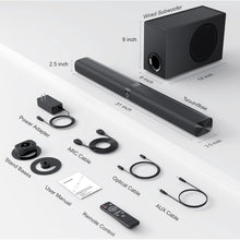 Load image into Gallery viewer, Sound Bar for Smart TV, 120W Sound Bar with Subwoofer, 5.0 Bluetooth Soundbar for TV with Deep Bass &amp; Volume Boost &amp; 3 Equalizer Modes, ARC/Opt/AUX, 2 in 1 Detachable TV Sound Bar, Black
