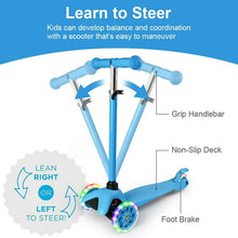 Load image into Gallery viewer, Kids Scooter Kick Scooter 3 Wheel Adjustable Height Light Up LED Wheels for Kids Boys Girls Ages 3-12 Blue
