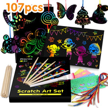 Load image into Gallery viewer, Riarmo Scratch Art Paper Set for Kids, 107 Pcs Rainbow Magic Scratch Off Paper Art Craft for Boys &amp; Girls, Fun Imagination Trigger Game for Children’s Summer Vacation, Birthday, and Party Gift
