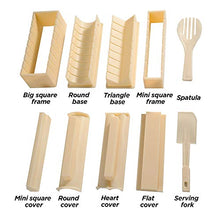 Load image into Gallery viewer, Sushi Making Kit Deluxe Edition with Complete Sushi Set 10 Pieces Plastic Sushi Maker Tool Complete with 8 Sushi Rice Roll Mold Shapes Fork Spatula DIY Home Sushi Tool (Off-white)
