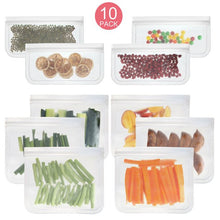 Load image into Gallery viewer, Reusable Food Storage Bags - 10 Pack BPA FREE Flat Freezer Bags（6 Leakproof Reusable Sandwich Bags 8.66*7.8inch+ 4 Food Grade Kids Snack Bags 8.66*4.8inch) Resealable Lunch Bag for Meat Fruit Veggies
