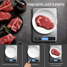 Load image into Gallery viewer, Food Scale 33lb Digital Kitchen Scale with 1g/0.05oz Precise Graduation, 5 Units LCD Display Scale for Cooking/Baking in KG, G, oz, ml, and lb, Easy Clean Stainless Steel and Tempered Glass
