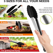 Load image into Gallery viewer, Kitchen Tongs Stainless Steel Cooking Tongs with Silicone Tips Heat Resistant Food Tongs for Cooking Grilling Turning set of 7" 9" and 12" Black
